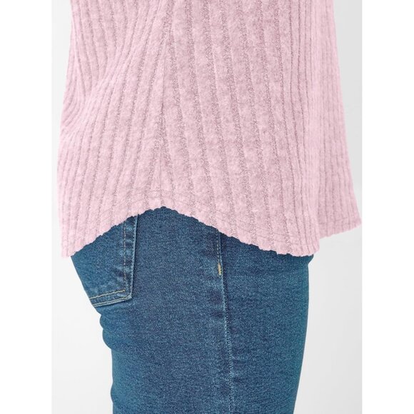 👑Women's Pink Short Sleeve Cute V Neck Stretch Ribbed Knitwear Pullover Sweater - Picture 5 of 6